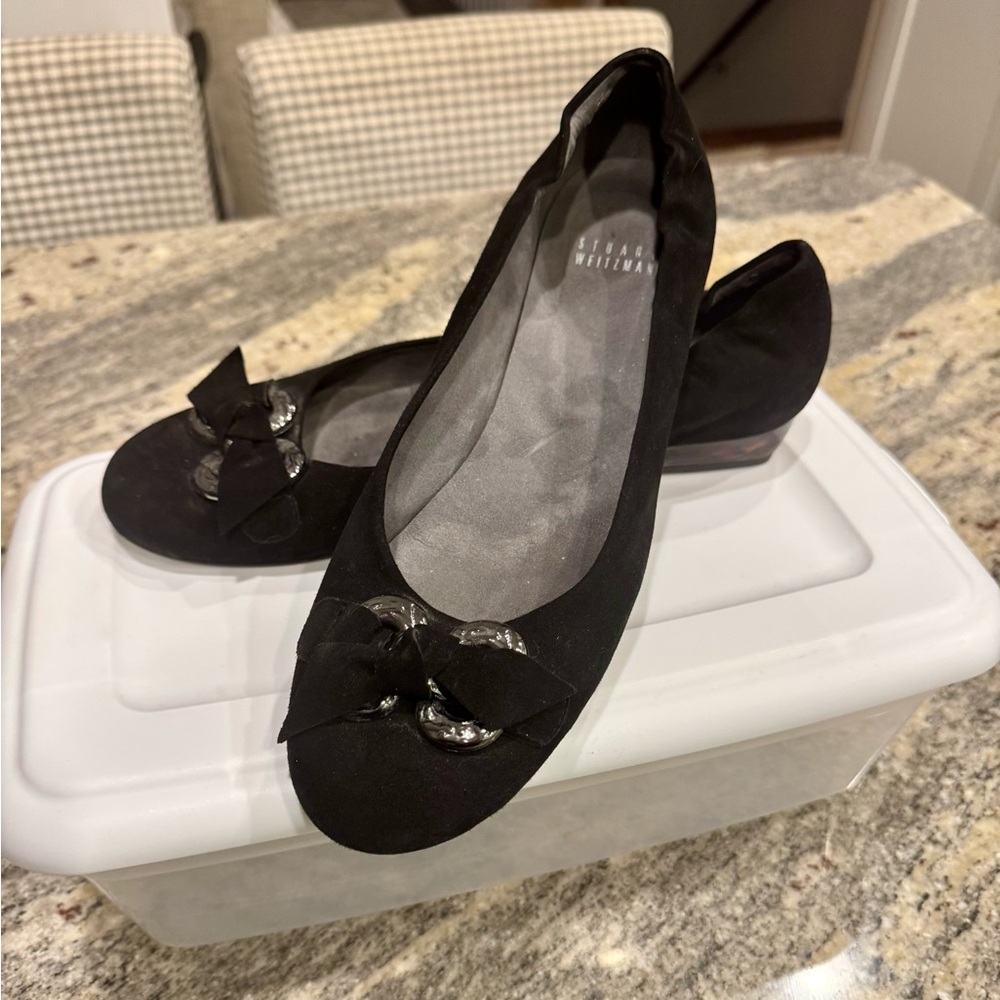 Stuart Weitzman Black Suede Flats with Bow Accent Silver Hardware